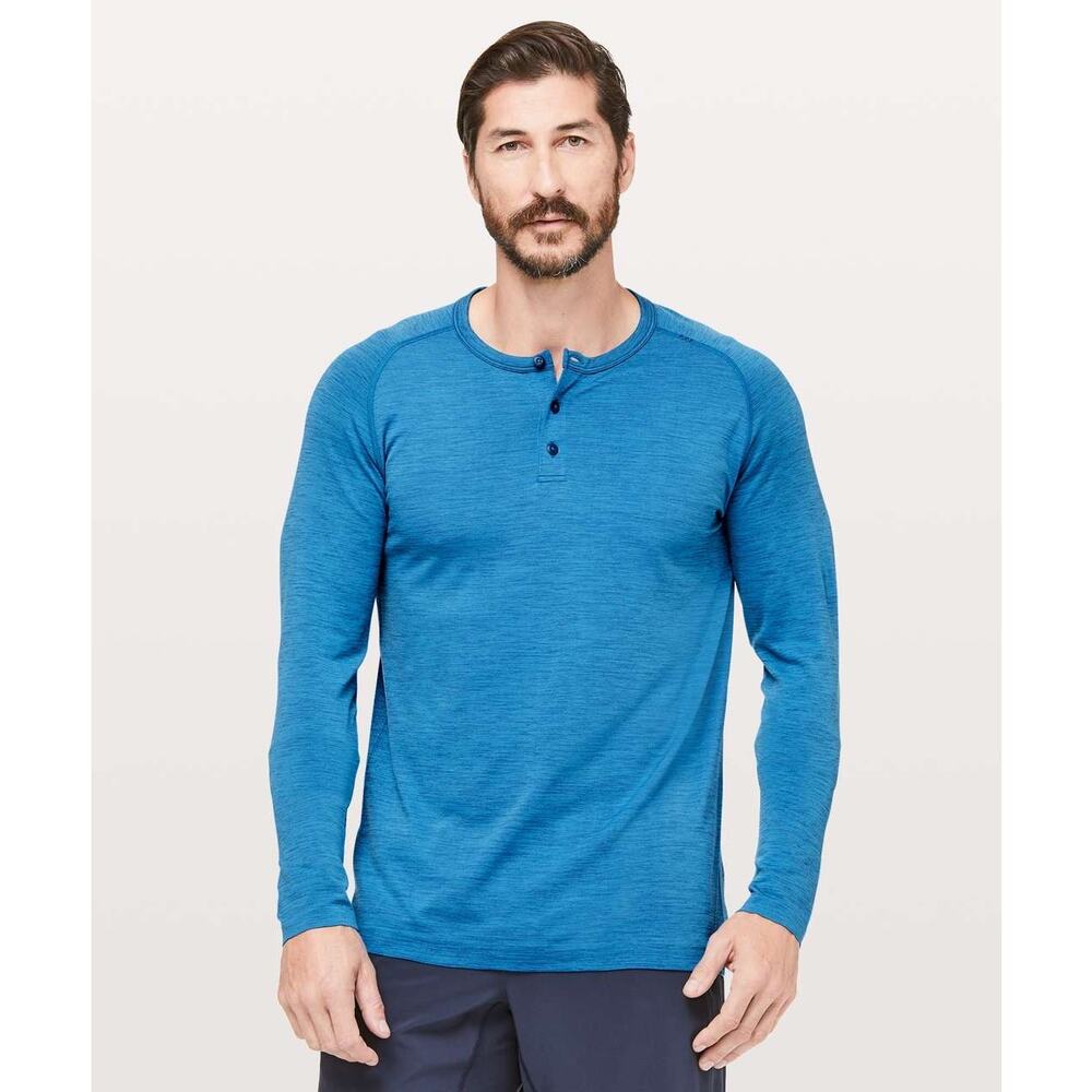 Lululemon Bright Blue Metal Vent Tech Long Sleeve Henley Workout Top Medium